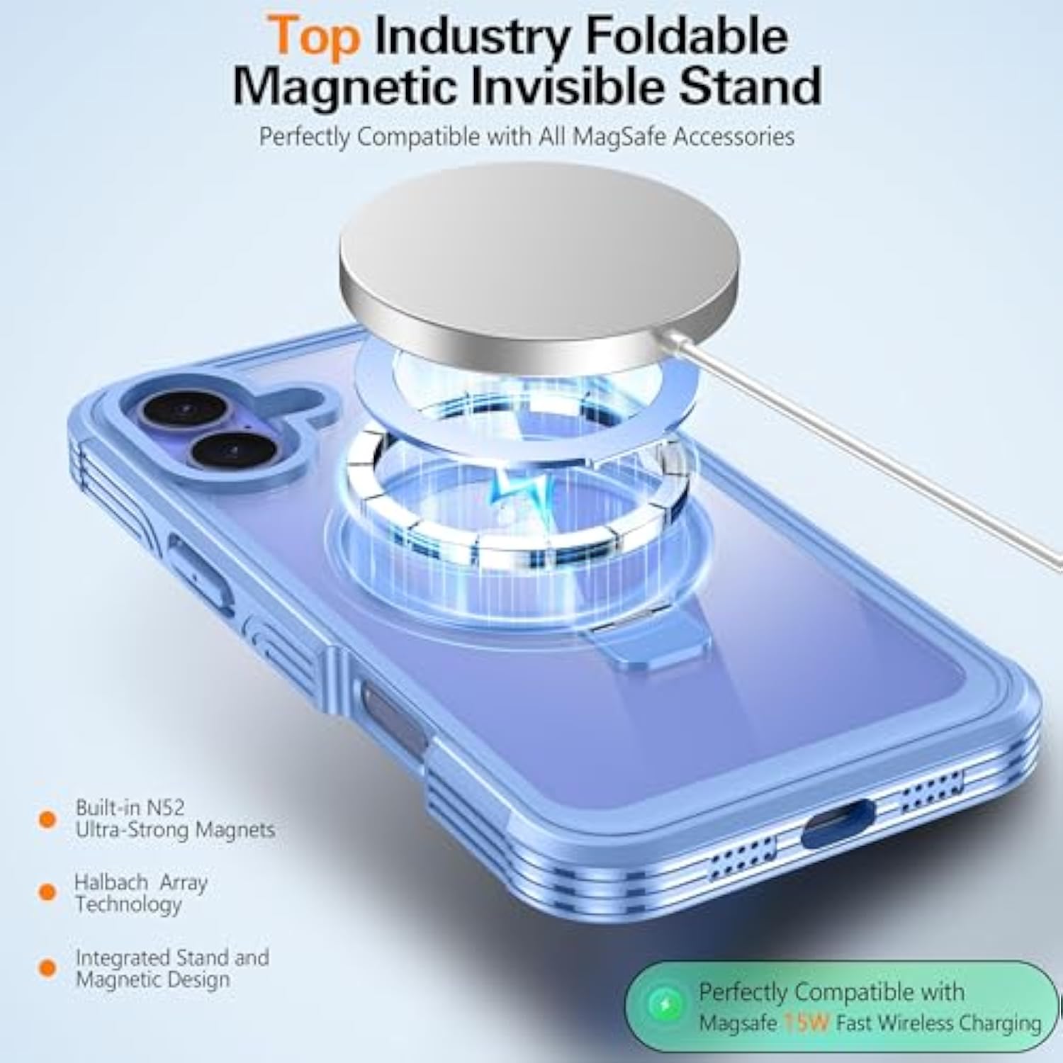 Magnetic Stand For Iphone 16 Plus Case [Fit For Magsafe] [Built-In 9H Tempered Glass Screen Protector] Full-Body Shockproof Military-Grade Protective Case Sky Blue