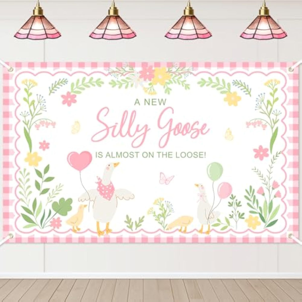 Goose Baby Shower Banner A New Silly Goose Is Almost On The Loose Backdrop Plaid Floral Silly Goose Baby Shower Decorations Little Duck Theme Gender Reveal Banner Party Supplies (Pink, 6X3.6Ft)