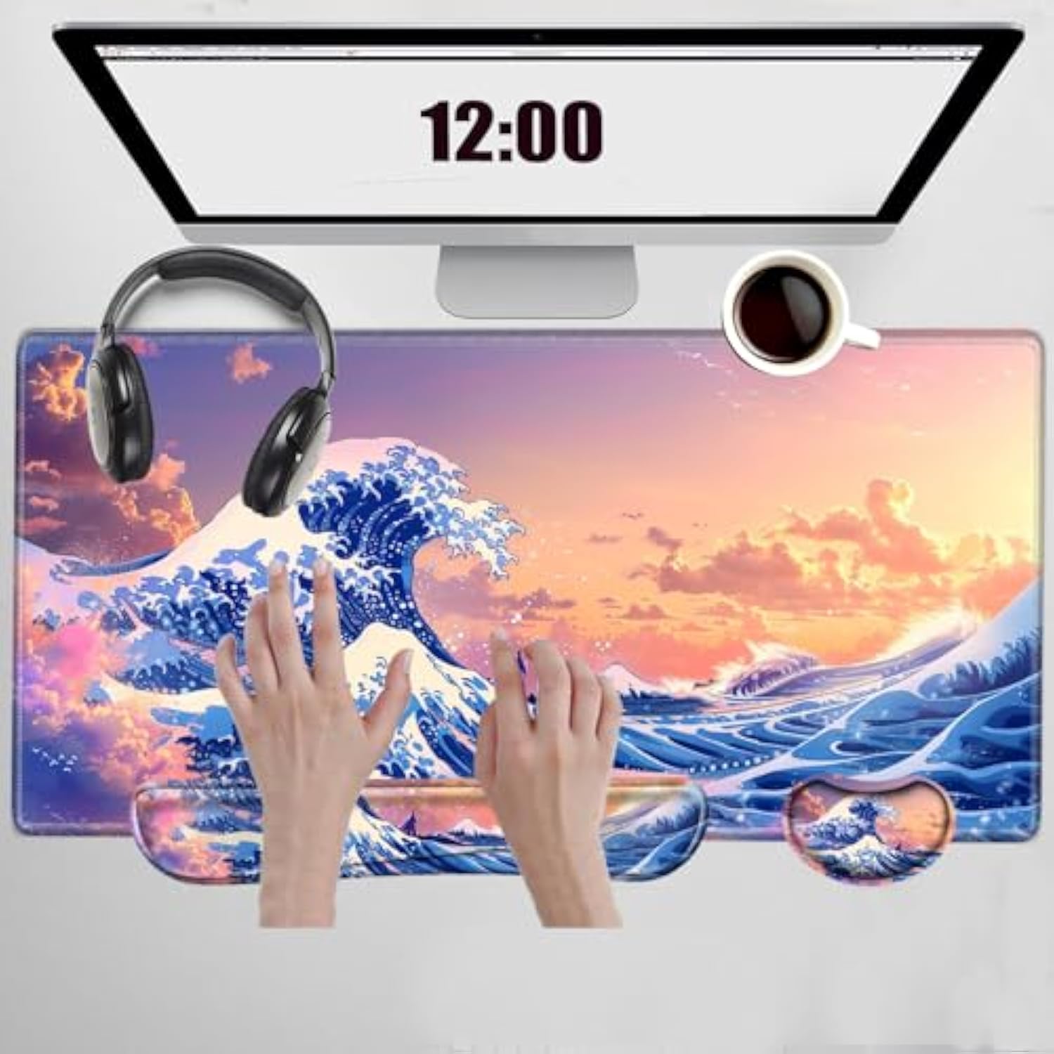 Gaming Mouse Pad With Wrist Support Japanese Sea Wave Desk Mat Large Mousepad And Keyborad Wrist Rest 31.5" X 15.75" Computer Mat Xxl Mouse Mat For Office Work