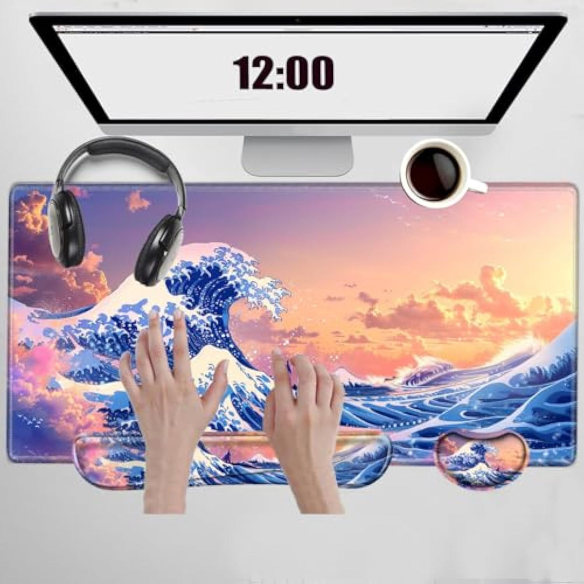 Gaming Mouse Pad With Wrist Support Japanese Sea Wave Desk Mat Large Mousepad And Keyborad Wrist Rest 31.5" X 15.75" Computer Mat Xxl Mouse Mat For Office Work