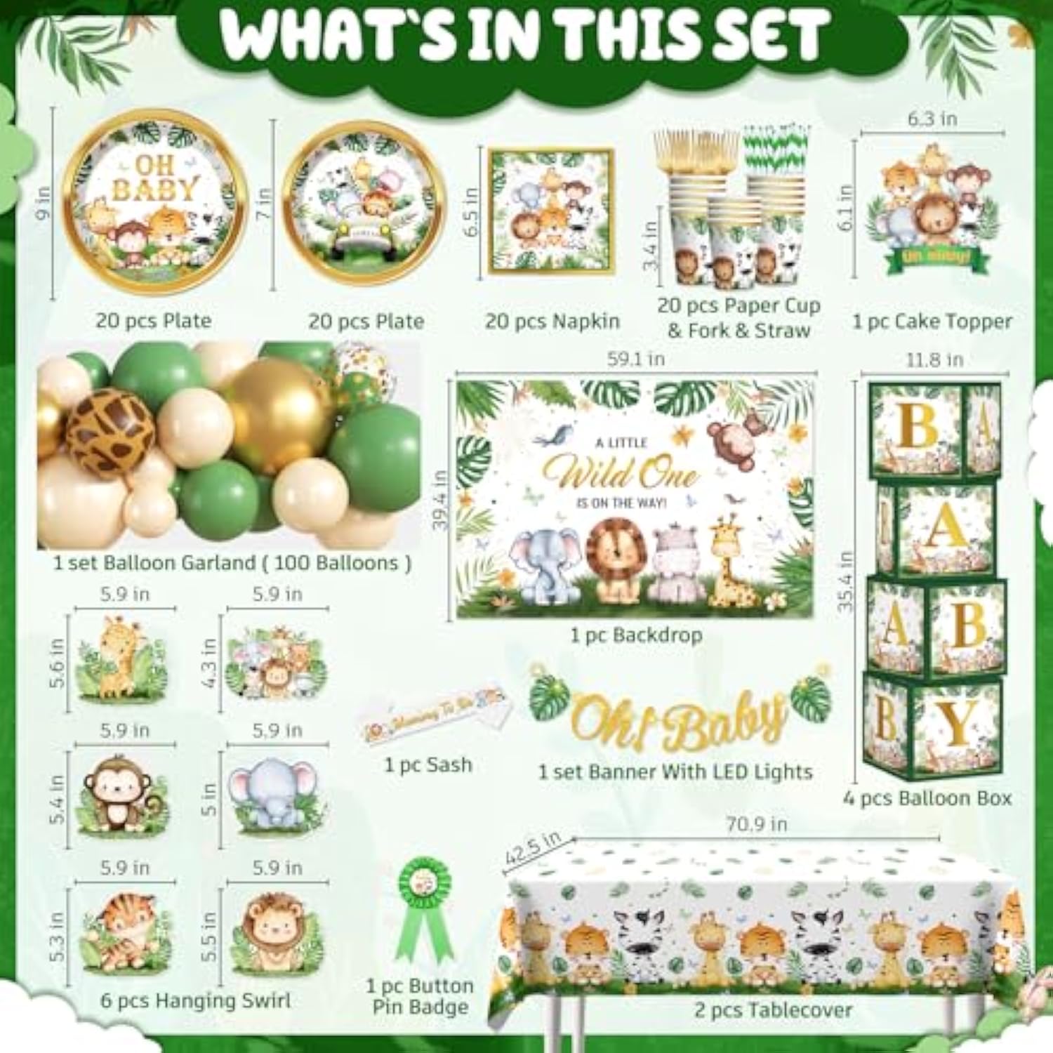 260Pcs Safari Baby Shower Decorations, All-In-1 Supplies Pack, Includes 20 Safari Theme Tableware, Backdrop Tablecloth Balloon Kit For Baby Shower Decorations Boy