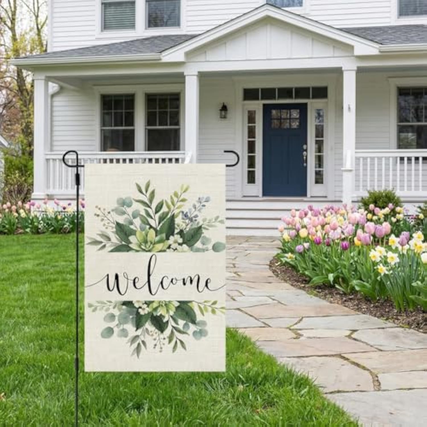 Spring Floral Welcome Garden Flag 12×18 Inch Double Sided For Outside Eucalyptus Small Burlap Seasonal Yard Flag
