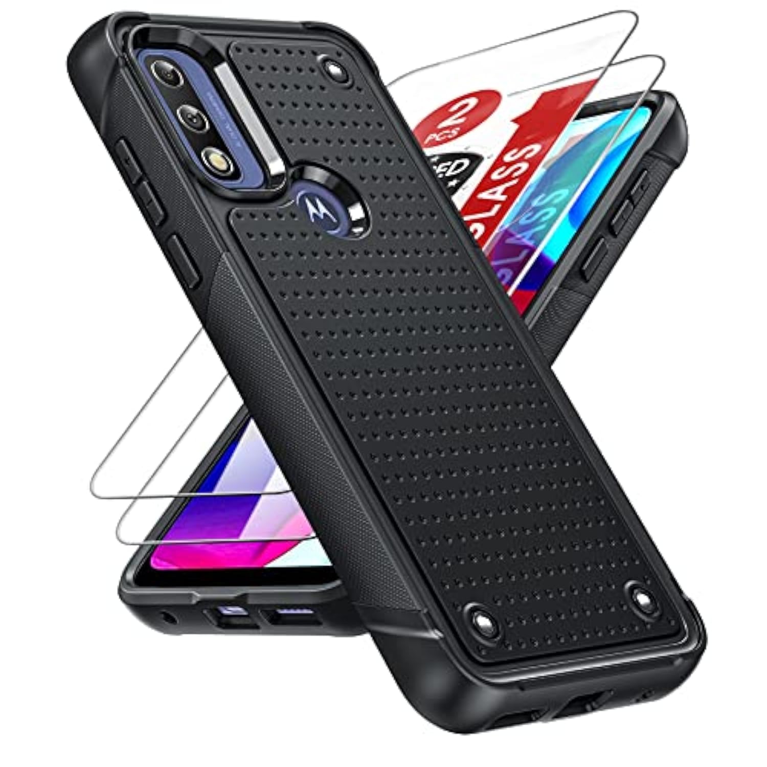 For Moto G Power 2022 Case, Motorola G Play 2023/ Moto G Pure Phone Case With [2 Pack] Screen Protectors, Shockproof Protective Hard Pc Textured Back & Soft Bumper Case For Motorola G Pure, Black