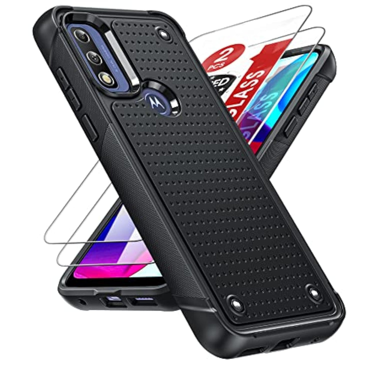 For Moto G Power 2022 Case, Motorola G Play 2023/ Moto G Pure Phone Case With [2 Pack] Screen Protectors, Shockproof Protective Hard Pc Textured Back & Soft Bumper Case For Motorola G Pure, Black