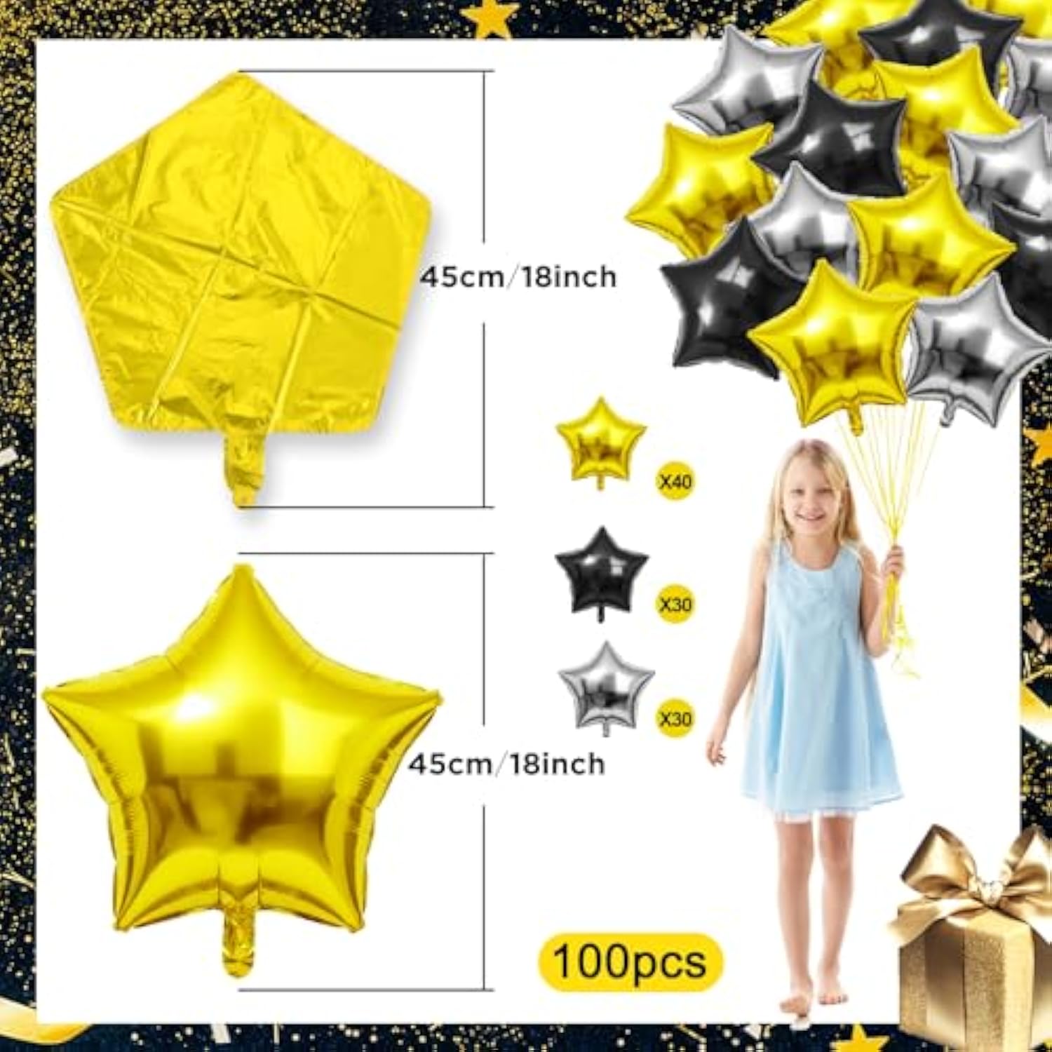 100pcs Black Gold Silver Star Foil Balloons 18 Inch Party Decorations