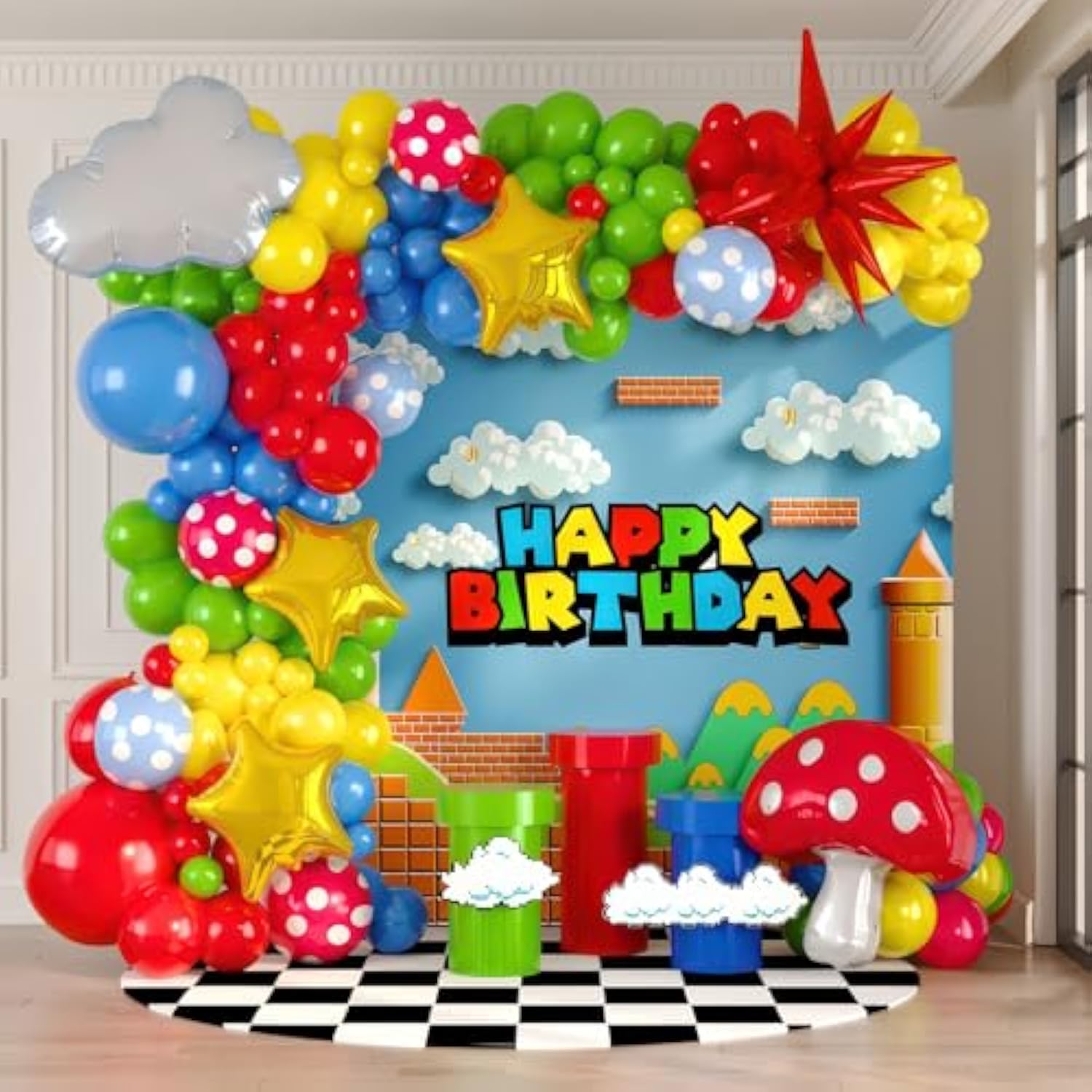 130 Pcs Red Blue Green Yellow Balloon Garland with Cloud, Mushroom & Star Balloons