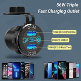 56W Usb C Car Charger Socket, Aluminum Metal 12V/24V Multiple Usb Outlet Pd 20W Usb-C And Dual Qc3.0 Ports With Power Switch Usb Port 12V Socket For Car Rv Boat Marine Truck Golf Motorcycle