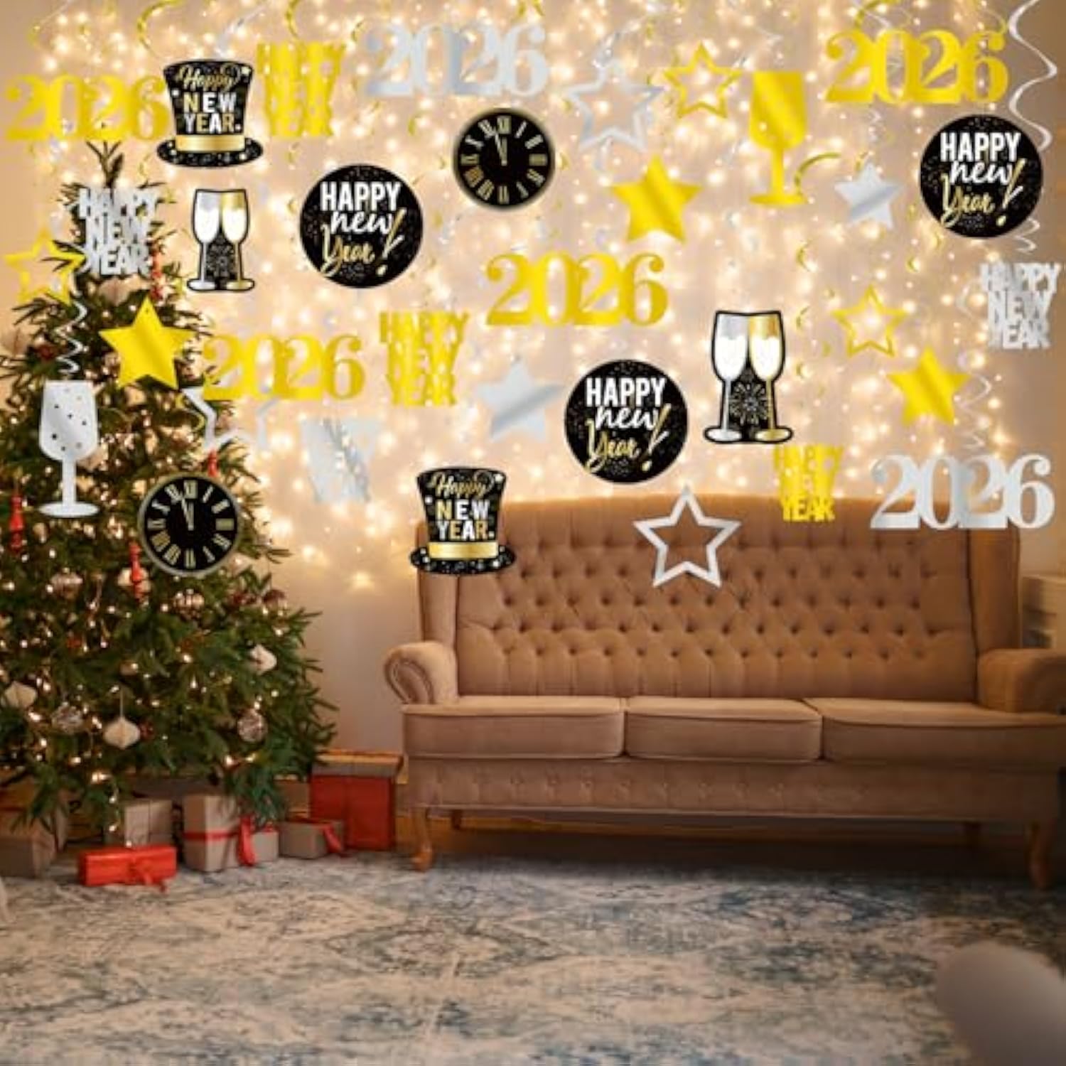 31pcs 2026 New Year Hanging Swirls & Celebration Cards Gold Black