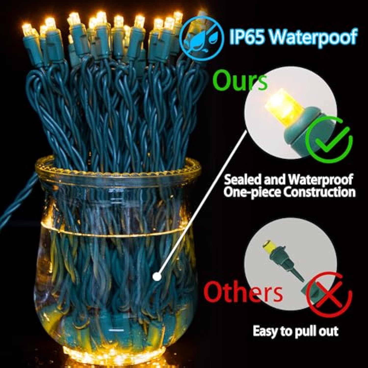 25Ft 50 Counts Yellow Led Christmas Lights - Commercial Grade Outdoor Waterproof, Wide Angle Green Wire, Xmas Tree Light