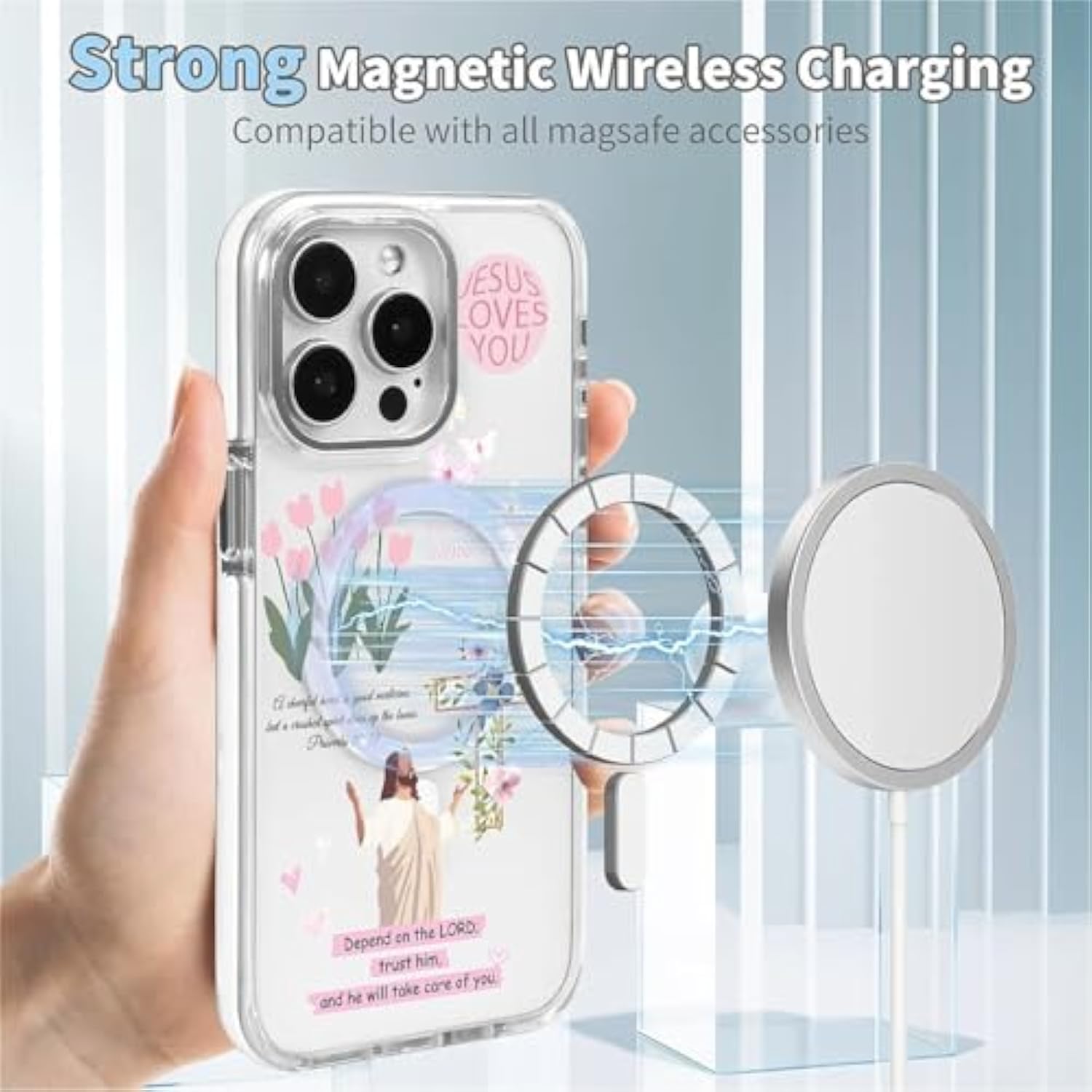For Iphone 13/14 Case [Compatible With Magsafe],Girls Women Clear Magnetic Case Silicone Shockproof Protective Cover With Pattern Bible Jesus Flowers