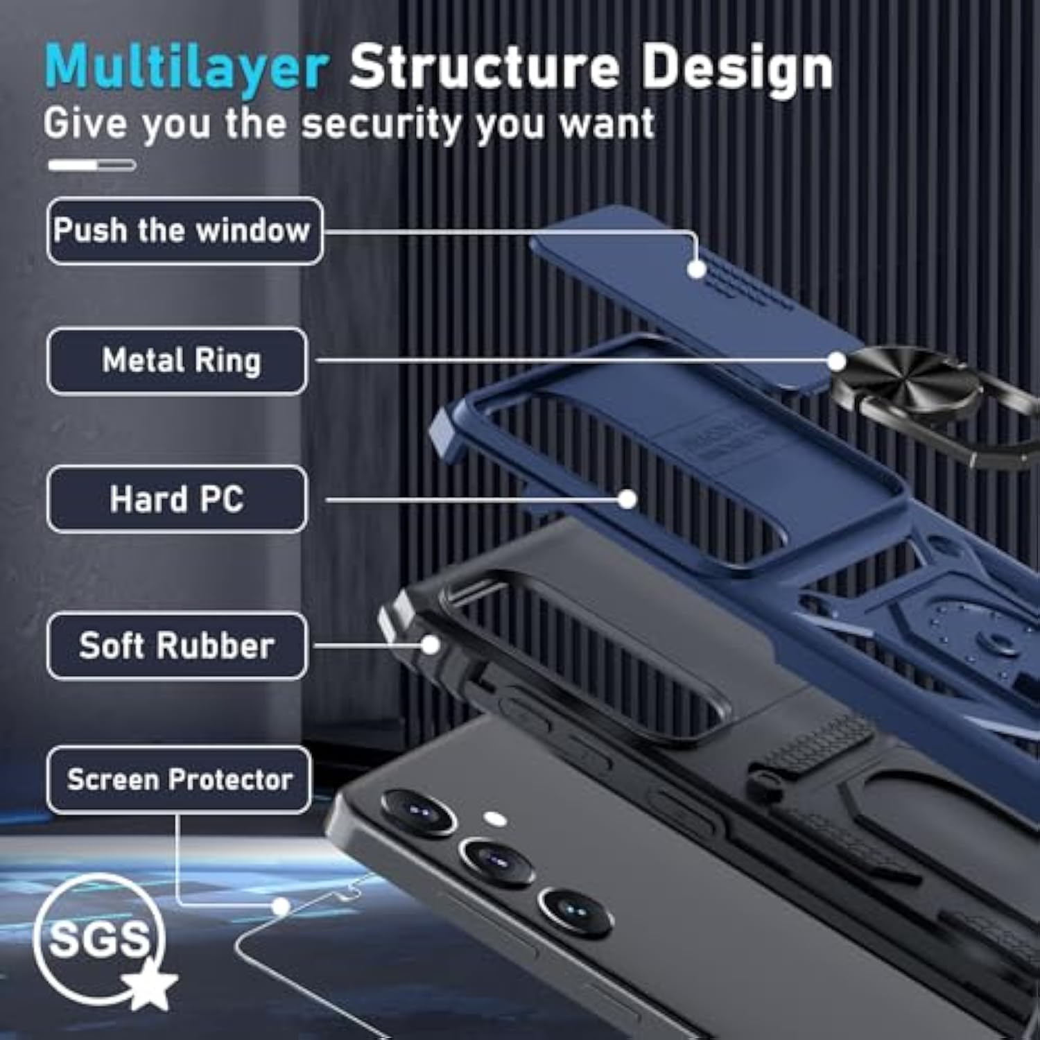 Compatible With Samsung Galaxy S25/S24 Case Built In Slide Camera Lens Cover+Screen Protector+Finger Ring Holder Kickstand,Heavy Duty Shockproof Full Body Protective Phone Cover,Blue
