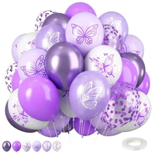 Purple And White Latex Balloons - 12 Inch Butterfly Print For Girls, Women, Baby Shower, Birthday Party, Graduation Decorations