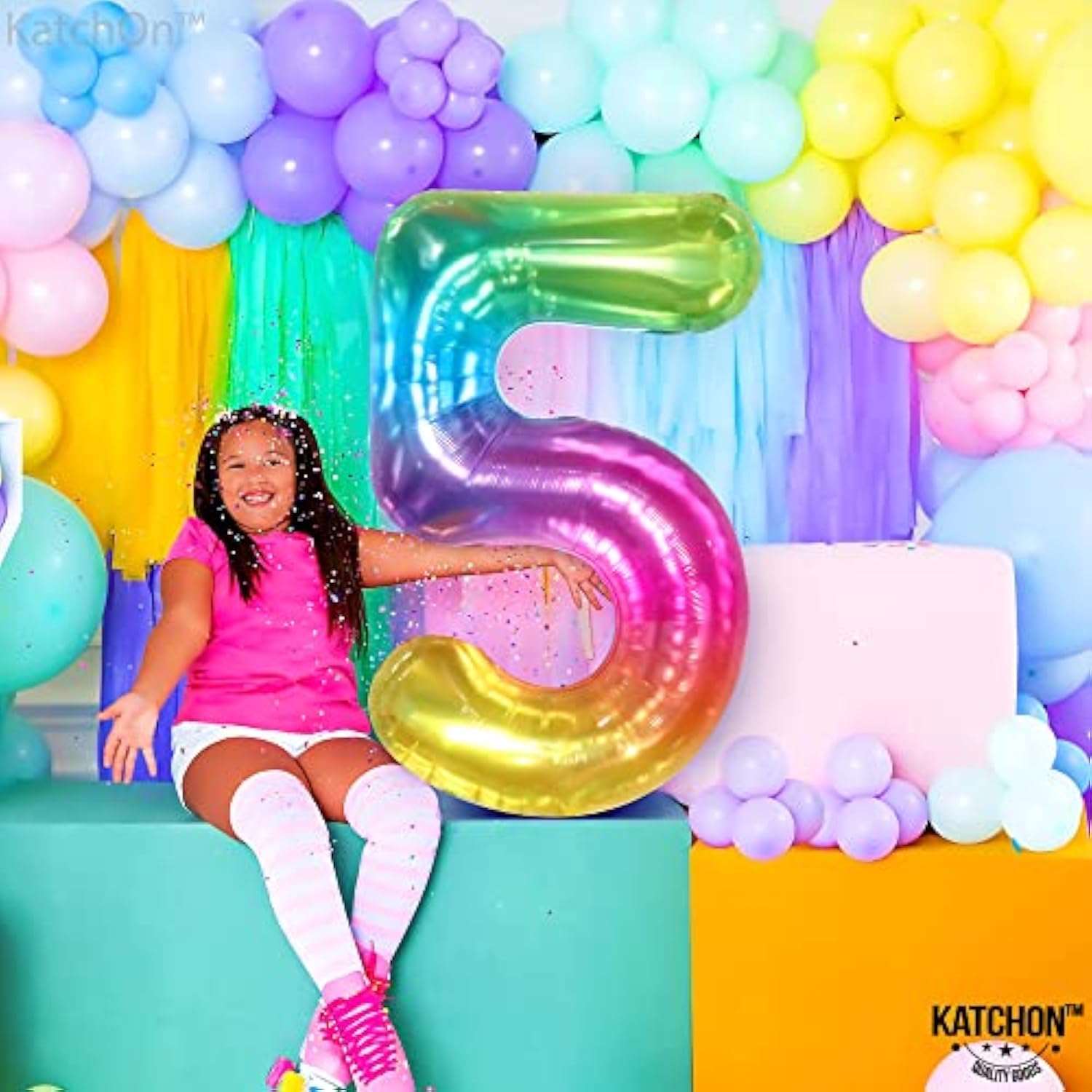 , Giant Rainbow 5 Balloon Number - 40 Inch | Number 5 Balloons For Birthdays | 5 Year Old Balloons For Tie Dye Birthday Decorations Girl | 5 Number Balloons For Anniversary Decorations