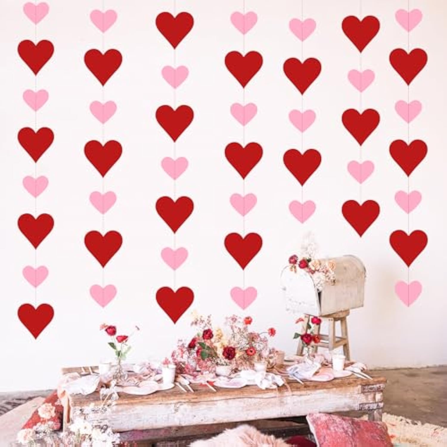 4 Pack Heart Garland For Paper Hearts Streamers Hanging Hearts Decorations For Valentines Galentines Birthday Bridal Shower Wedding Engagement Anniversary Decor (Red & Pink)