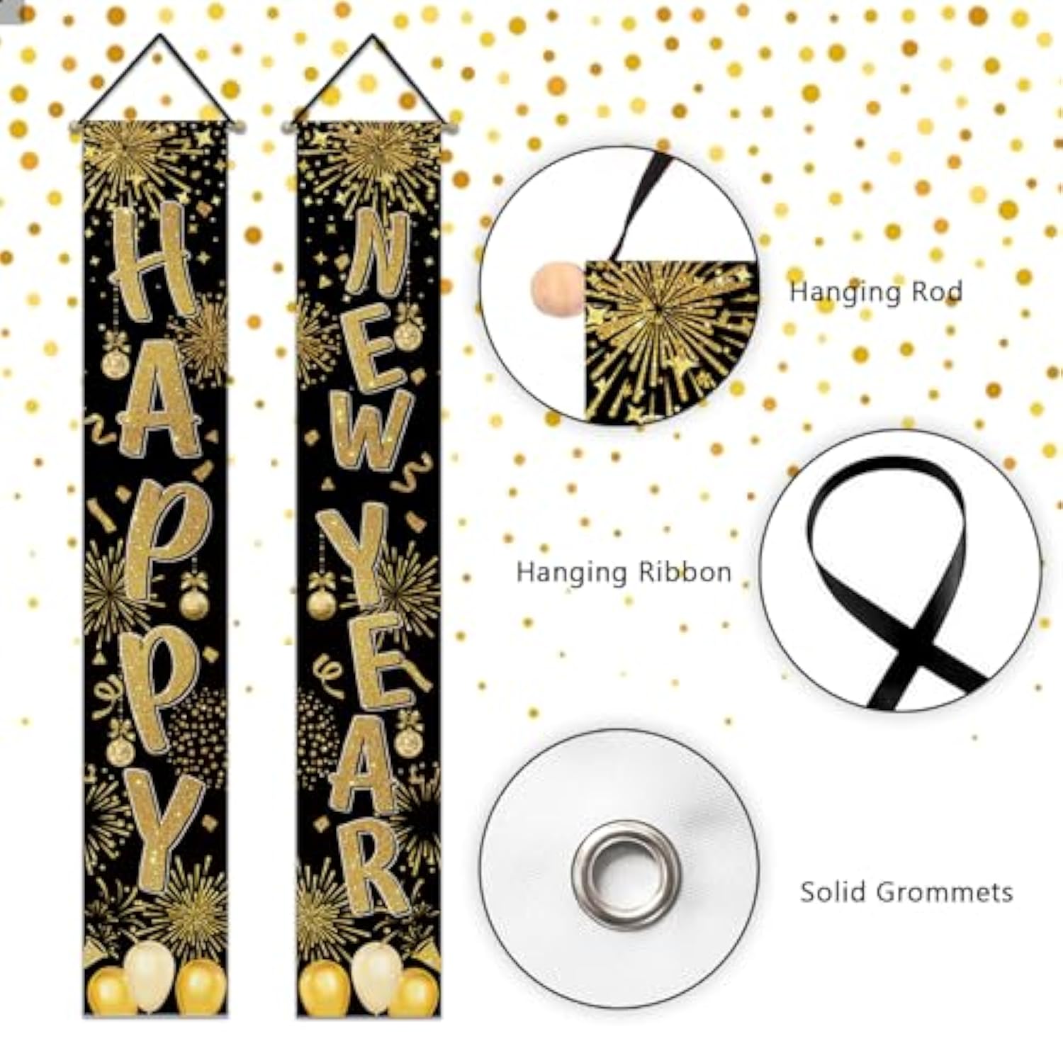 2026 New Year Porch Banner with Black Gold Fireworks and Balloons