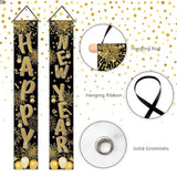 2026 New Year Porch Banner with Black Gold Fireworks and Balloons