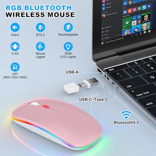 Led Bluetooth Wireless Mouse For Macbook Air Mac Pro Laptop Ipad Rechargeable Silent Light-Up Optical Mouse With Jiggler Dual Mode Bt5.2 & Usb-A/Usb-C For Students, Kids, Girls, Boys Rose Gold