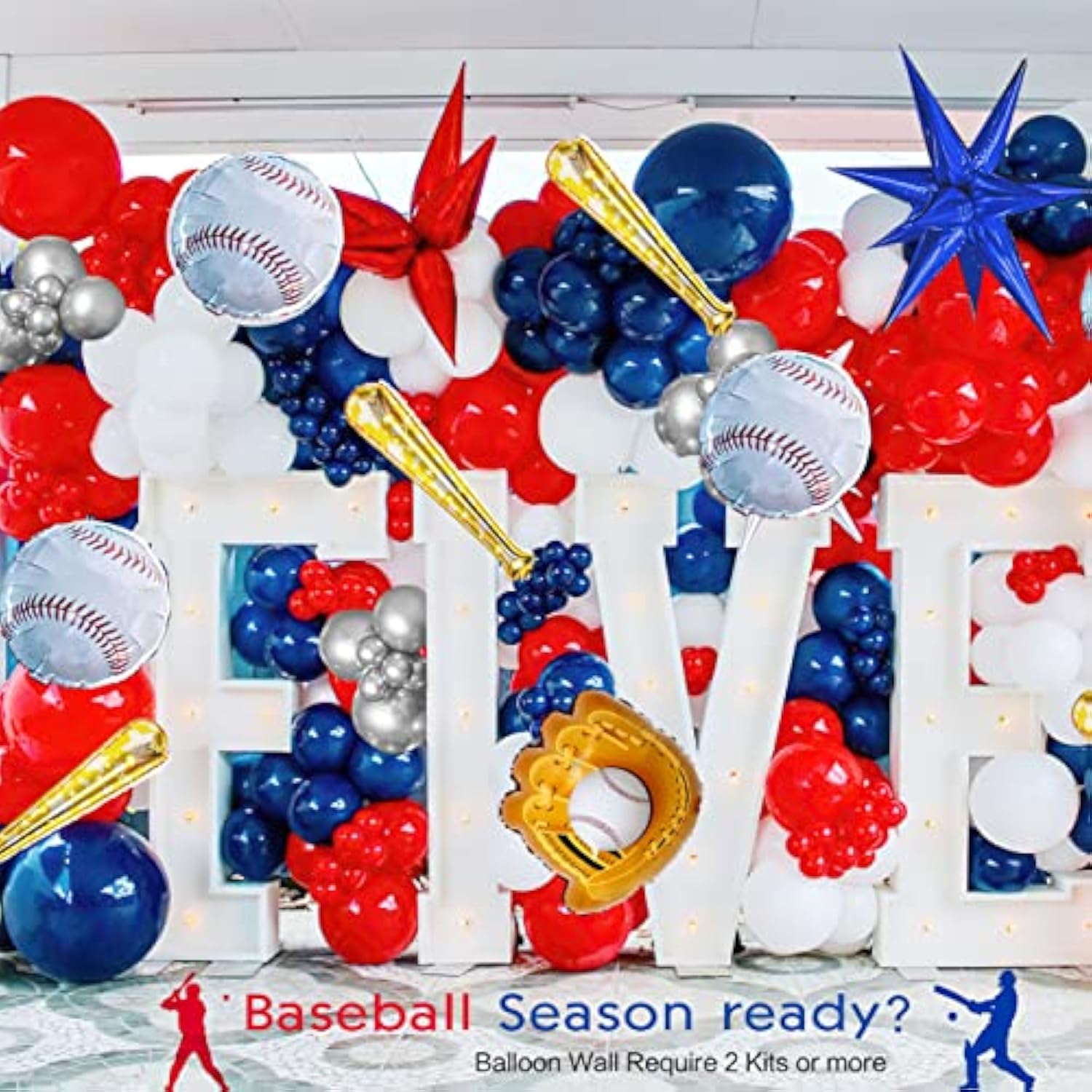 Baseball Balloon Garland Arch Kit 150Pcs Red Blue White Silver And Starburst Baseball Bat Glove Balloons Fot Sport Theme Party Rookie Year 1St Birthday Decorations
