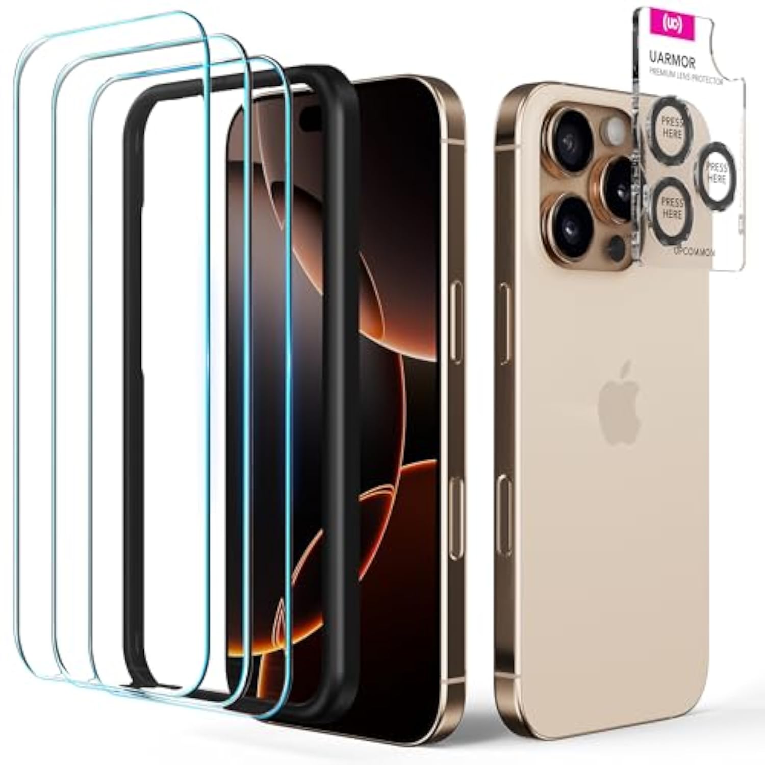 Uarmor Glass 3 Pack Screen Protector & 1 Pack Camera Lens Protector For Iphone 16 Pro (6.3 Inch) 9H Tempered Glass With Easy Installation Kits (Clear)