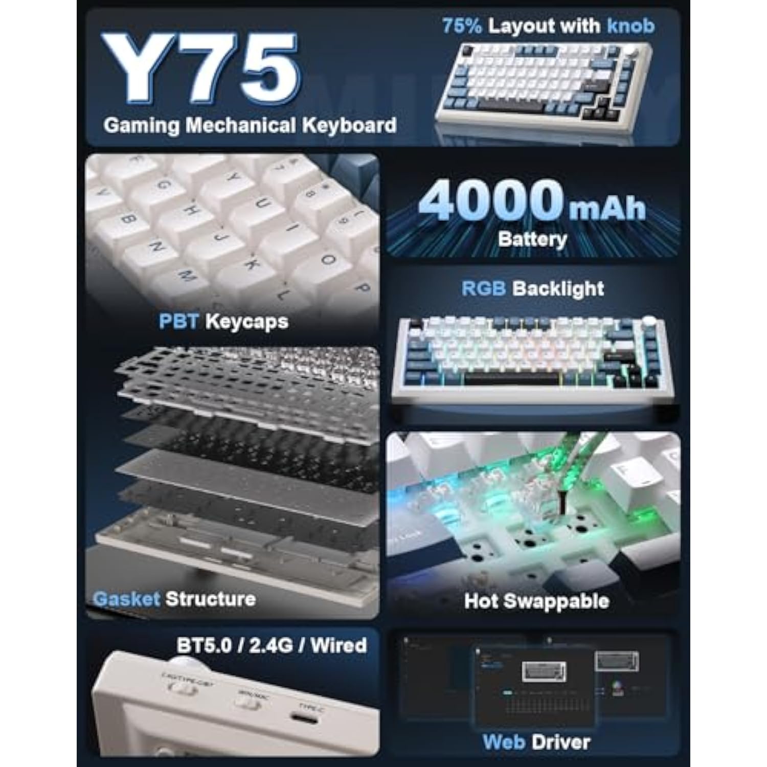 Y75 Wireless Mechanical Keyboard,75% Hot Swappable Custom Keyboard With Knob,Rgb Backlit, Pbt Keycaps,2.4Ghz/Usb-C/Bt5.0 Mechanical Gaming Keyboards(White&Blue,Milk Switch)