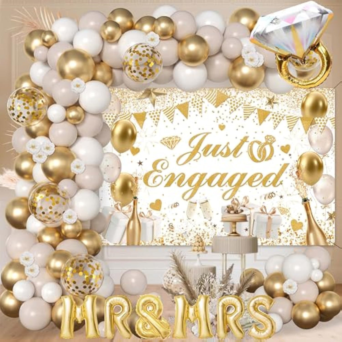 Engagement Party Decor White and Gold Balloon Arch with Just Engaged Backdrop