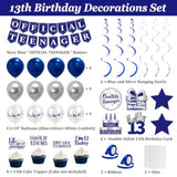 Blue & Silver 13th Birthday Decoration Set: Banner, Balloons, Cake Toppers
