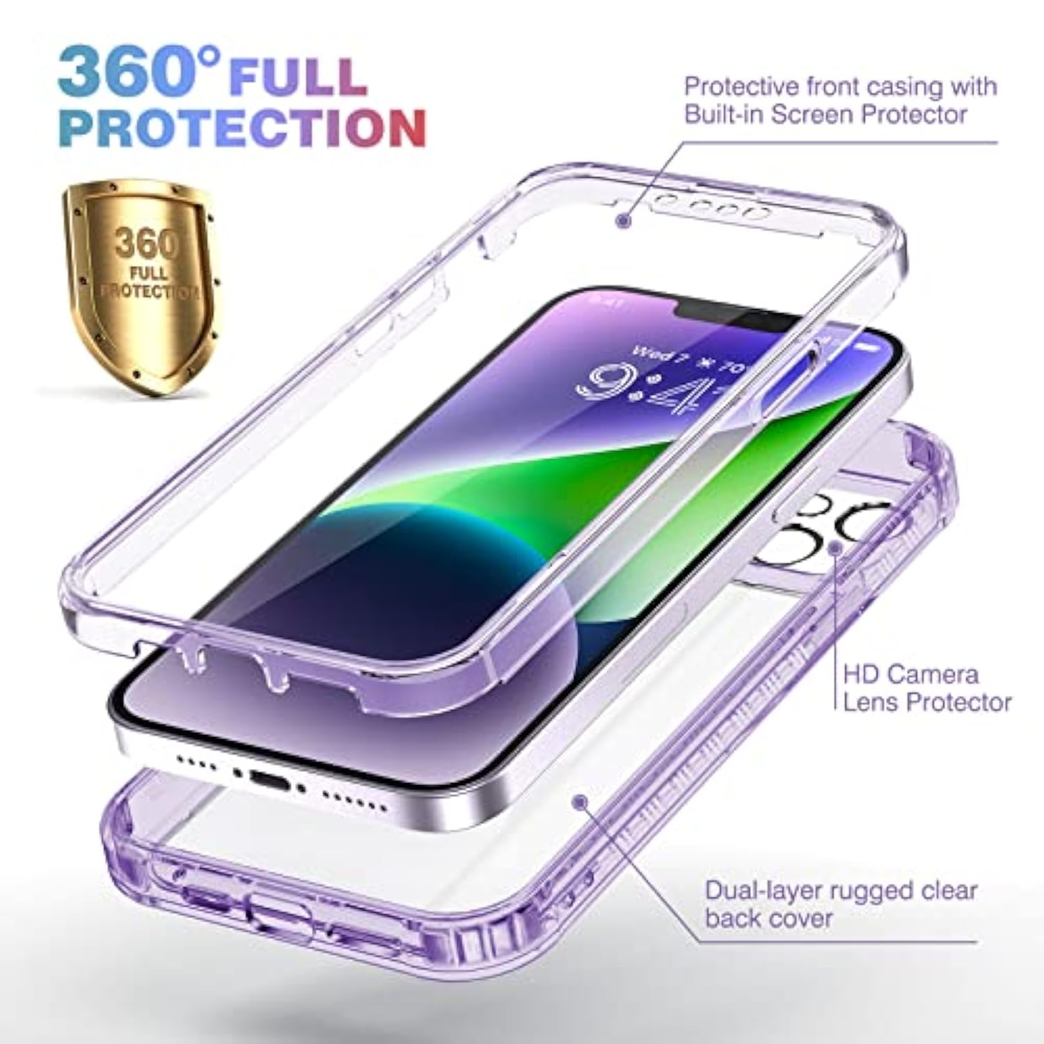 Designed For 14 Case, Full Body Rugged Case With Built-In Touch Sensitive Anti-Scratch Screen Protector, With Camera Lens Protector For 14 6.1" (Clear Purple)