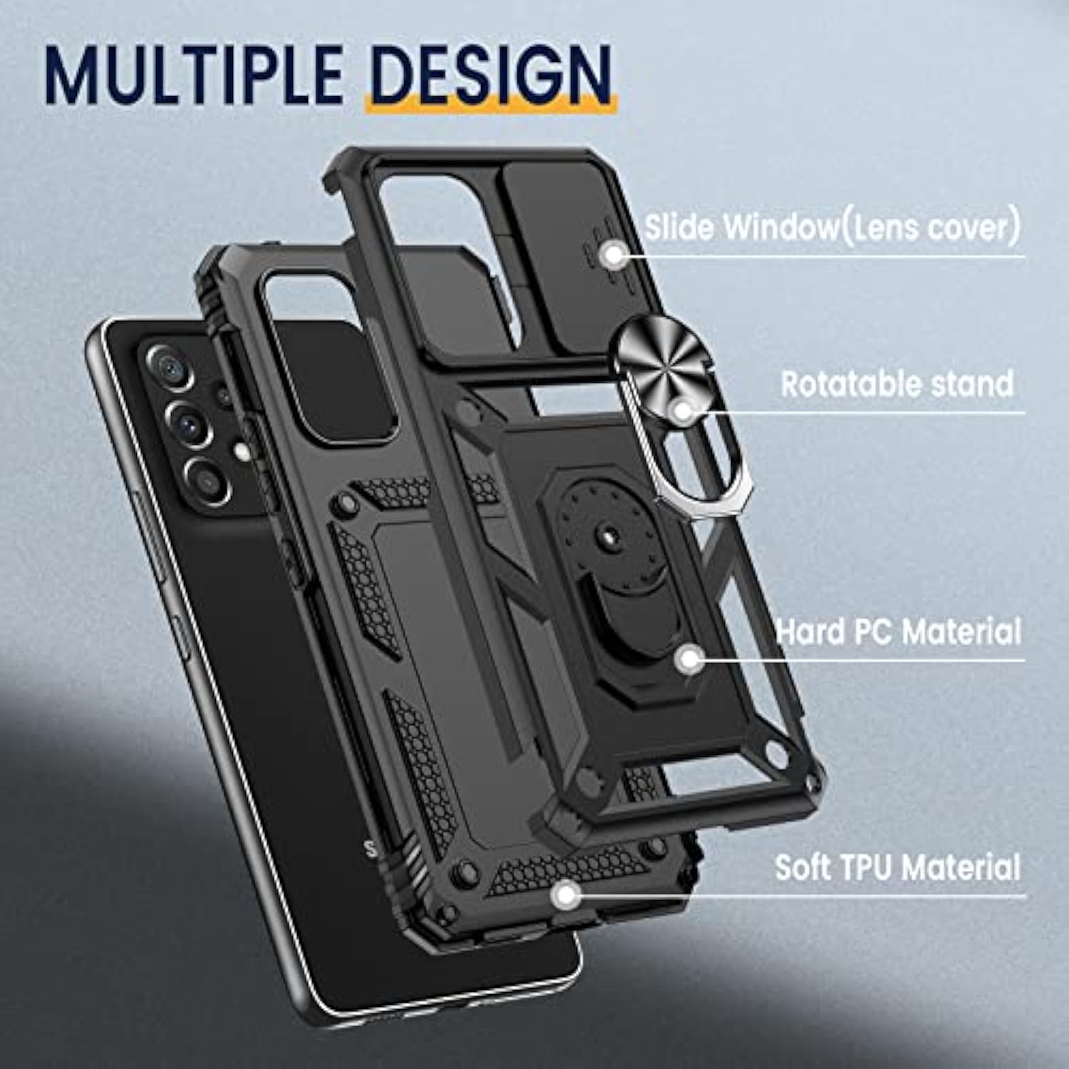 Compatible With Samsung Galaxy A53 5G Case With Camera Cover & Kickstand Ring With Tempered Glass Screen Protector, Military Grade Shockproof Protective Bumper Cover Black