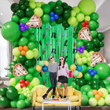 153Pcs Green Turtle Balloon Garland Arch Kit,Include Turtle Balloons Arch, Pizza Foil Balloon,2 Pack Turtle Themed 6.6Ft X 3.3Ft Sparkle Metallic Tinsel Foil Fringe Curtains Backdrop