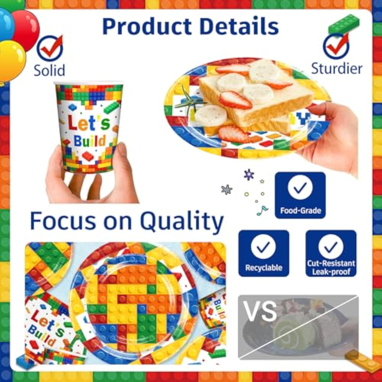 Building Block Birthday Party Supplies: Complete 198-Piece Set With 300Gsm Thick Paper Plates, Waterproof Tablecloth & Eco-Friendly Straws For Boys & Girls Birthday, Serves 25 Guests