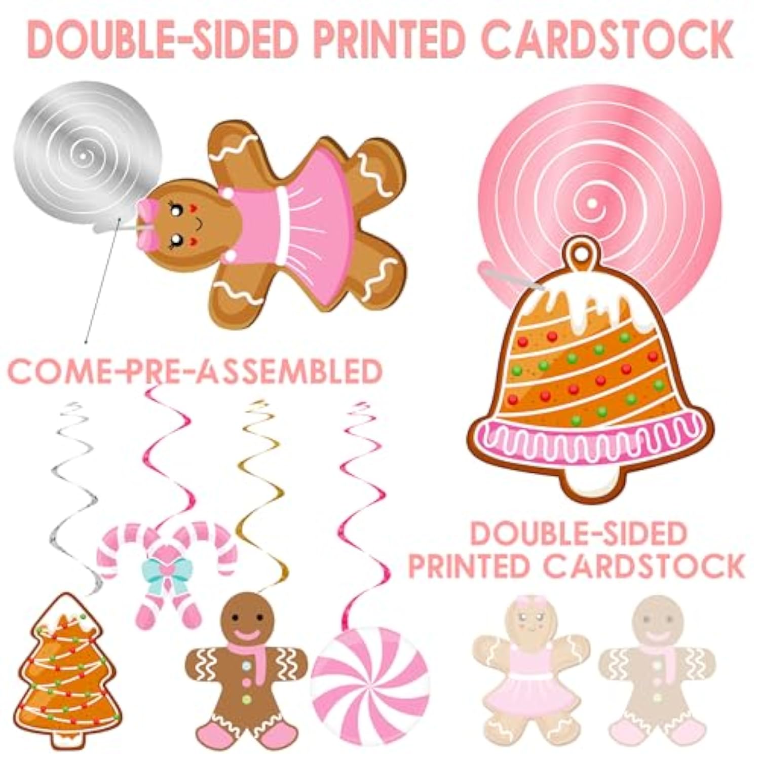 Christmas Gingerbread Man Party Hanging Swirl Decorations 20Pcs Pink Merry Gingerbread House Christmas Tree Ceiling Decor Xmas Candy Hanging Streamers For Girls Winter Holiday Party Supplies