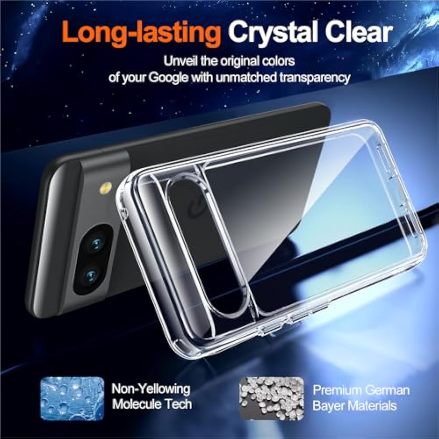 Google Pixel 8 Clear Case, 20X Anti-Yellowing, Built-In 4 Airbags, 10Ft Military Protection, Tempered Glass Screen Protector, Slim Fit