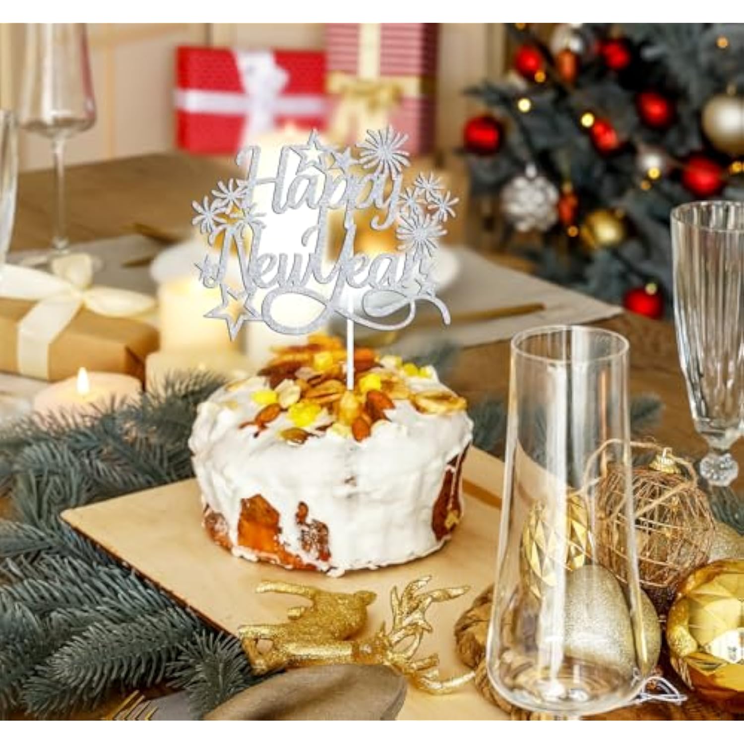 Happy New Year 2025 Cake Topper Silver Glitter Party Decor