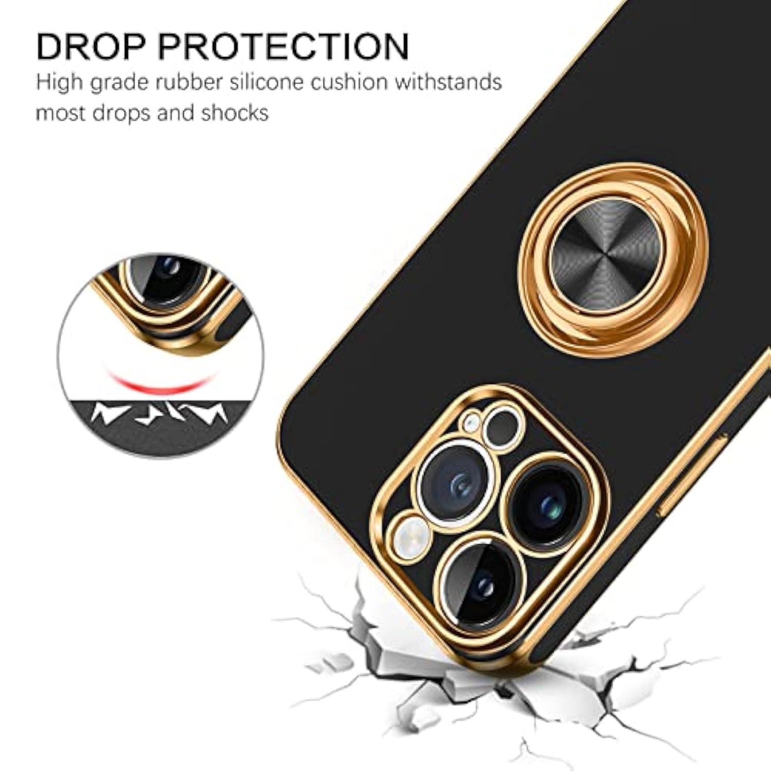 For Iphone 14 Pro Max Case, Slim Lightweight 360° Ring Holder Kickstand Support Car Mount Shockproof Women Men Non-Slip Protective Case For Iphone 14 Pro Max 6.7", Black/Gold