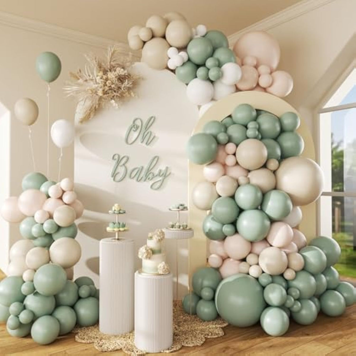 146pcs Neutral Balloon Arch Kit with Sage Green & White Balloons for Parties