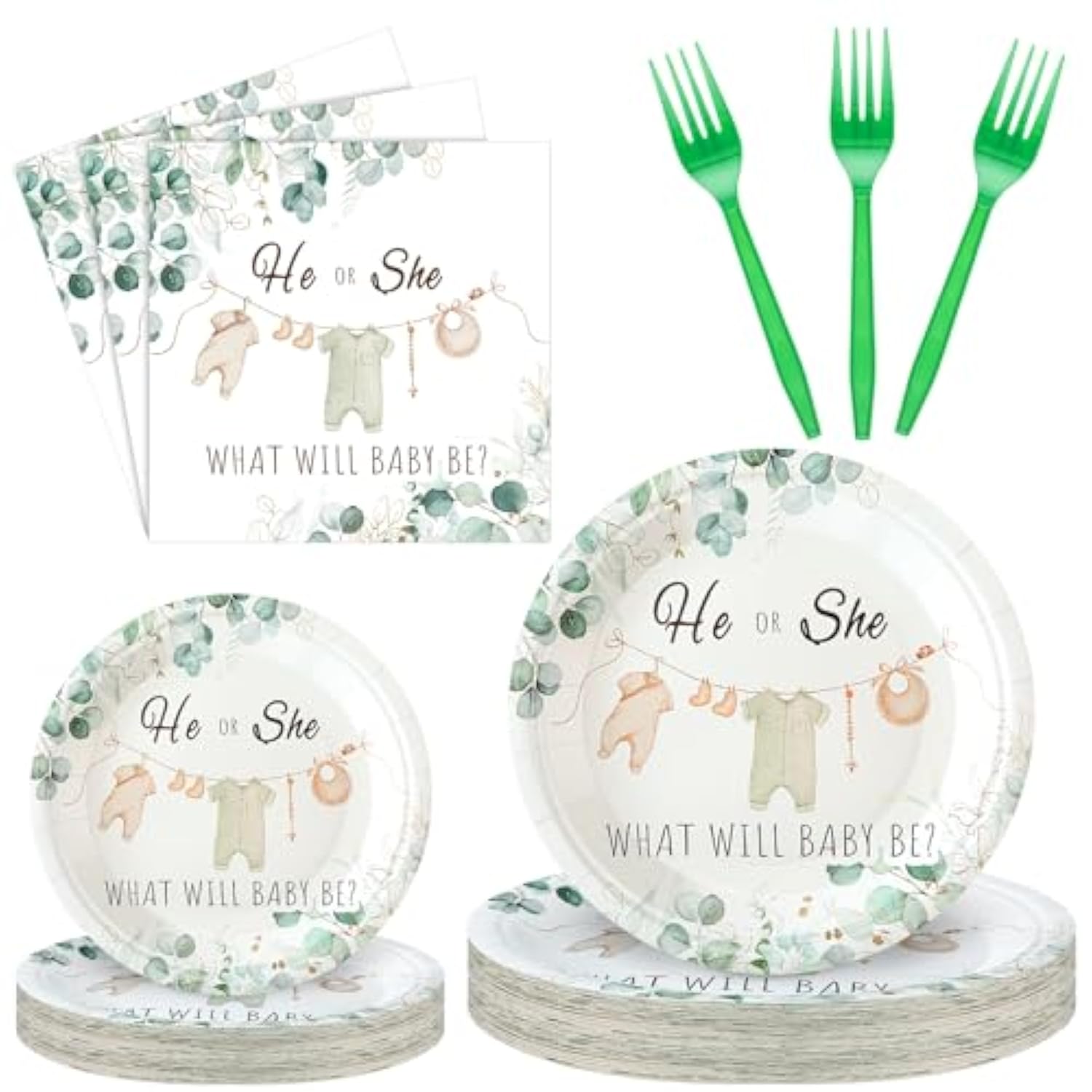 96 Pcs Greenery Gender Reveal Plates Napkins Gender Reveal Baby Shower Party Supplies Baby Shower Paper Tableware Set Dessert Plates Napkins Forks For 24 Guests