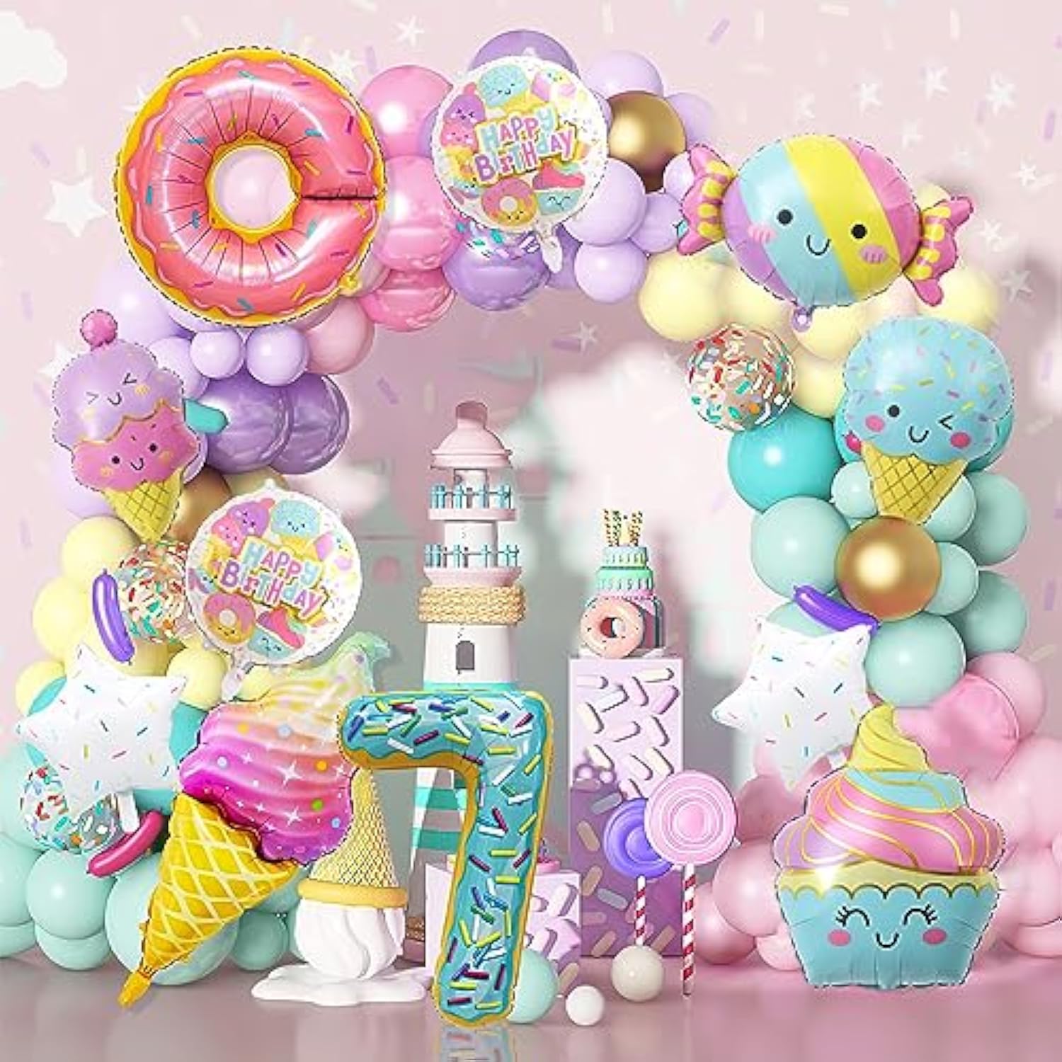 10Pcs Ice Cream Balloons, Donut Candy Birthday Number Mylar Foil Balloon Ice Cream Theme 7Th Birthday Party Supplies Decorations