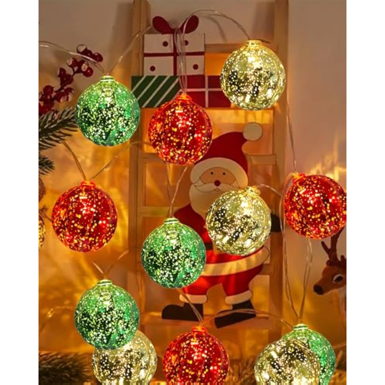 Battery Powered Christmas Lights 22Ft 20 Led Red Green Gold Ball String Lights 8 Modes With Timer, Globe Multicolor Chri