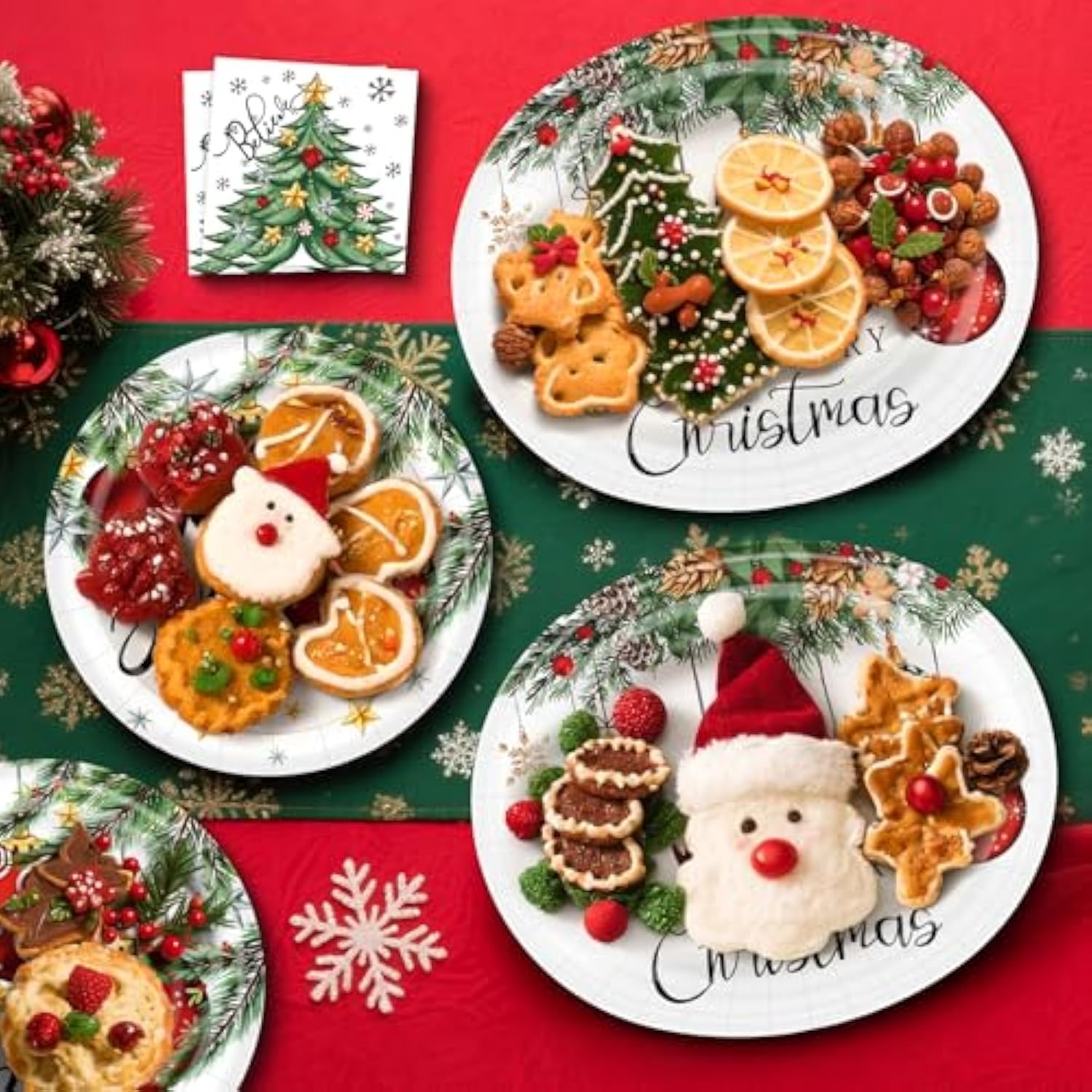 100Pcs Christmas Paper Plates And Napkins Set- (25 Guests) With 10 * 12 Inch Oval Plates And 9 Inch Round Paper Plate,Napkins For Christmas Party Supplies