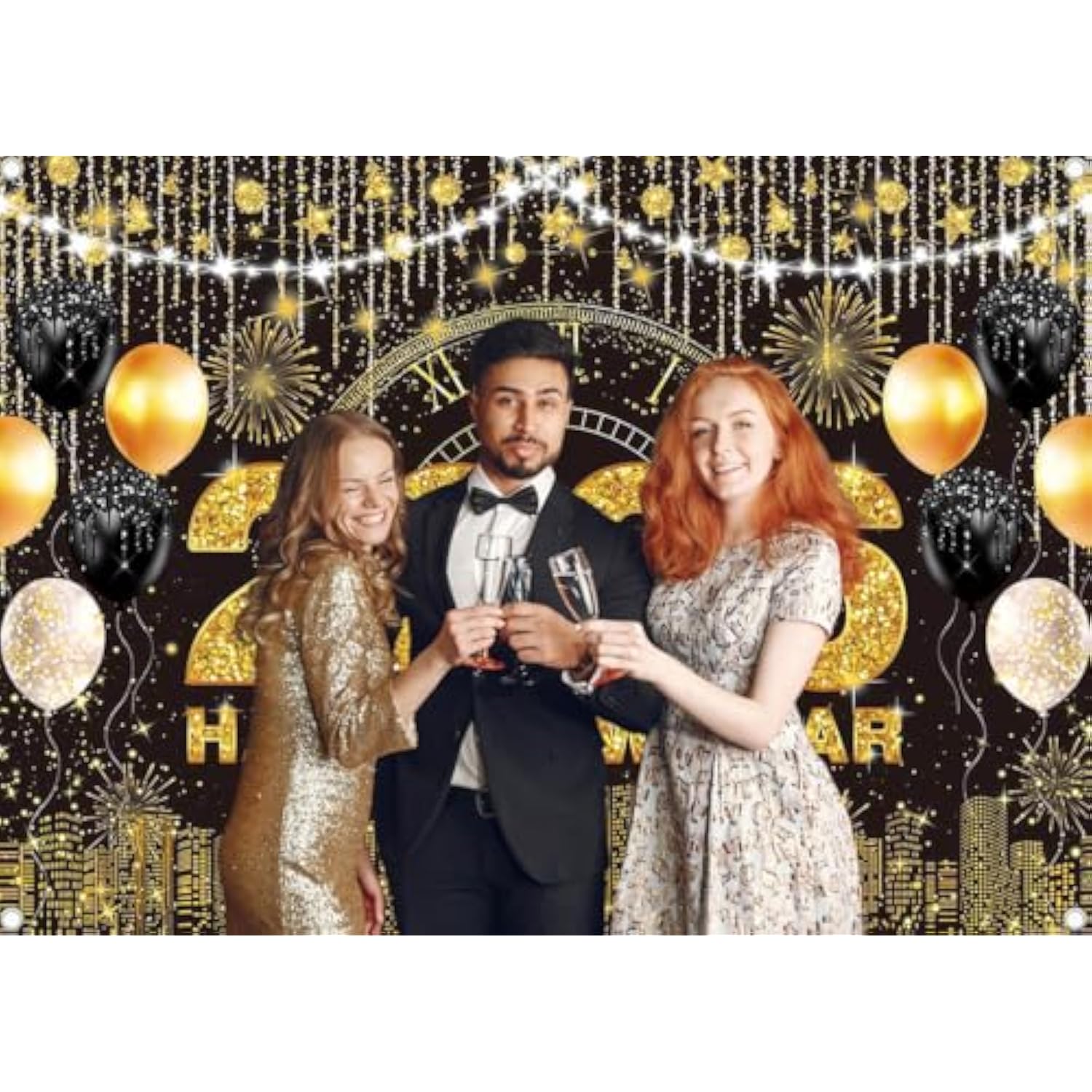 2026 New Year Black Gold Backdrop 7x5 ft for Party and Photo Booth Decor