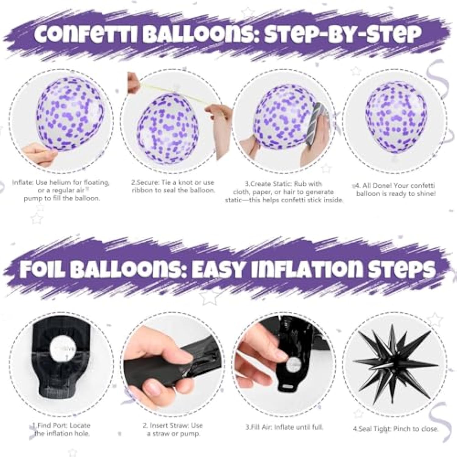 Purple Black 12In Metallic Confetti Balloons Star Foil Party Decorations