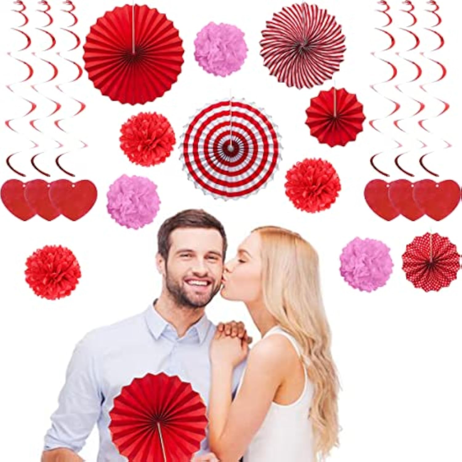 Valentines Decor Kit With 1 Love Banner, 1 Hearts Felt Garland, 6 Paper Fans, 6 Paper Flower Balls, 6 Hanging Swirls, 200 Rose Petals For Valentines Decorations Wedding Party Supplies
