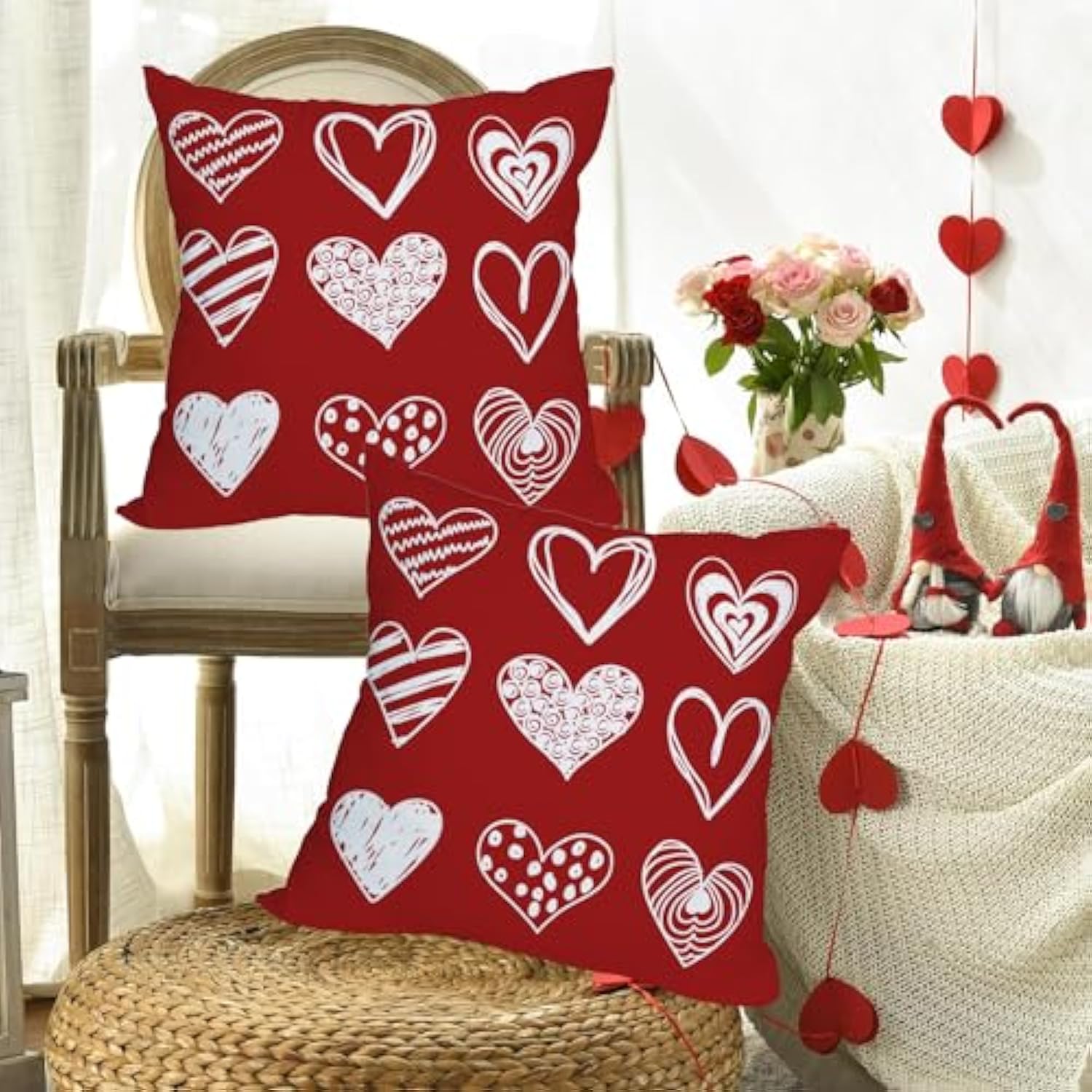 2 Pack Waterproof Outdoor Valentines Day Pillow Covers 24X24 Inch White Red Love Heart Holiday Throw Pillow Cases Romantic Valentine Farmhouse Decorations Cushion Cover Double Sided