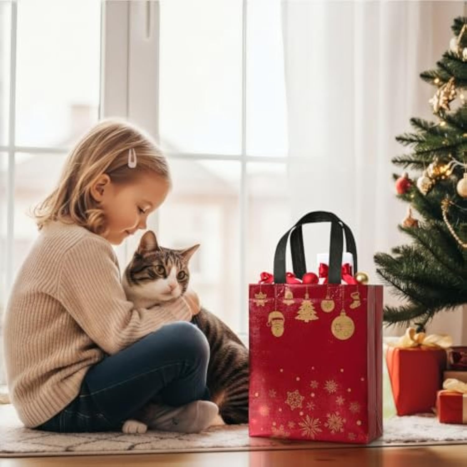 16 Pack 10" Christmas Gift Bags Medium Size With Tissue Paper, Reusable Non-Woven Christmas Tote Bags With Handles, Perfect For Holiday Gift Wrap/Party Favor Supplies, 10.2" × 8.3" × 4"