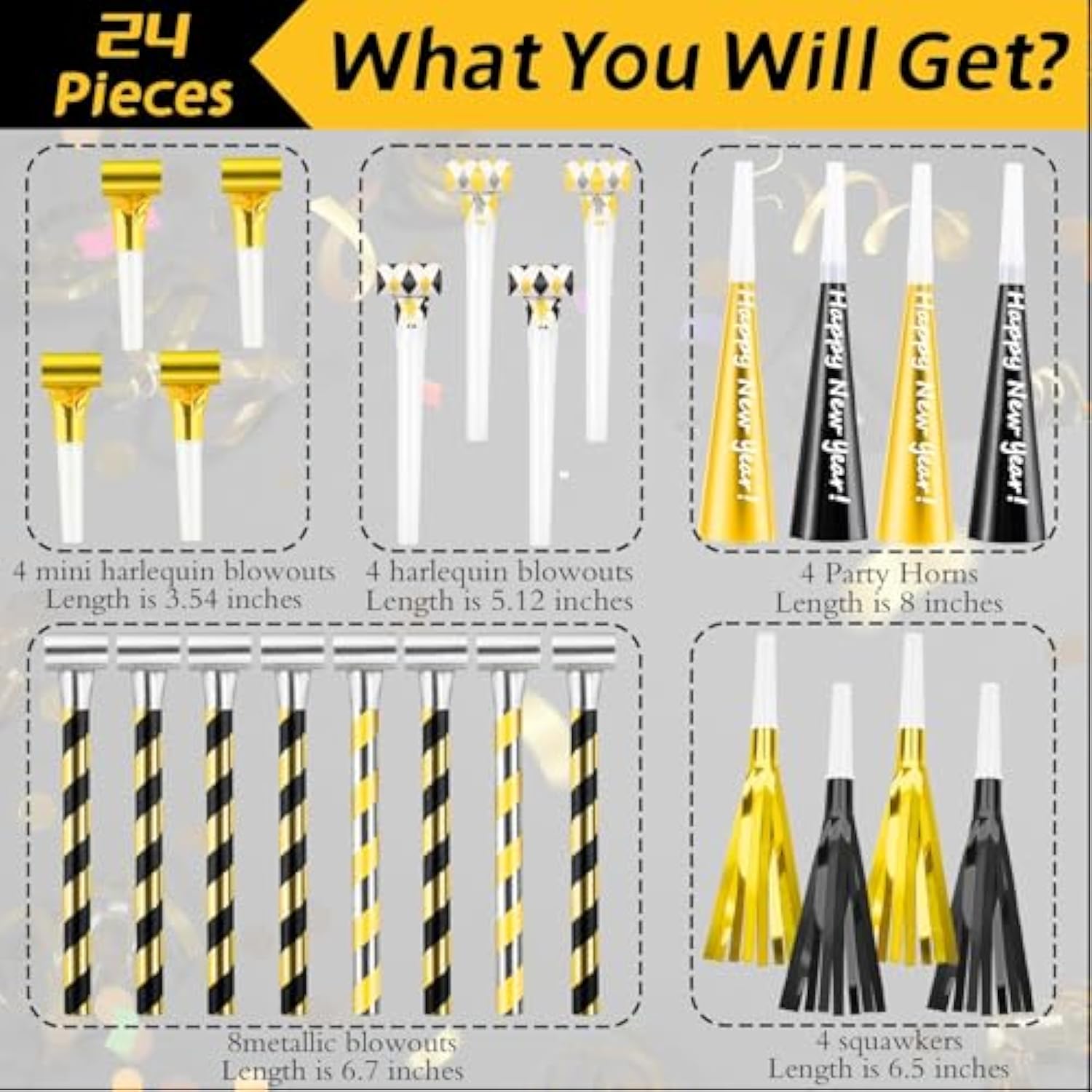 24 Pcs New Year Party Blowers Glitter Fringed Noisemakers Whistles