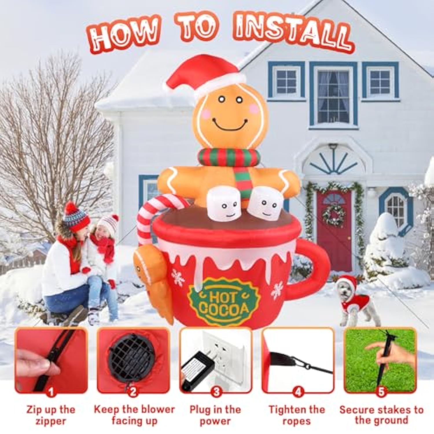 6Ft Christmas Gingerbread Man Inflatables Outdoor Decoration Hot Cocoa Cup Cute Giant Xmas Blowups With Built-In Led Lig