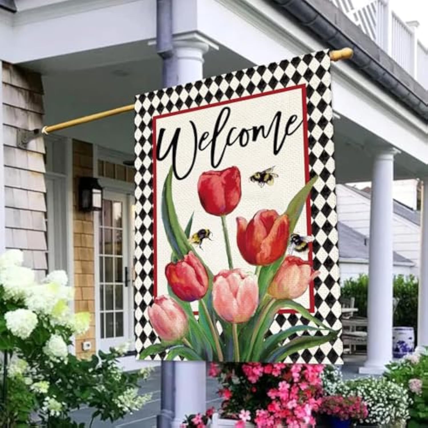 Spring Easter Tulip Welcome House Flag 28 X 40 Inch Double Sided Burlap Spring Flowers Floral Buffalo Plaid Large Yard Flag Summer Holiday Seasonal Outdoor Outside Decoration