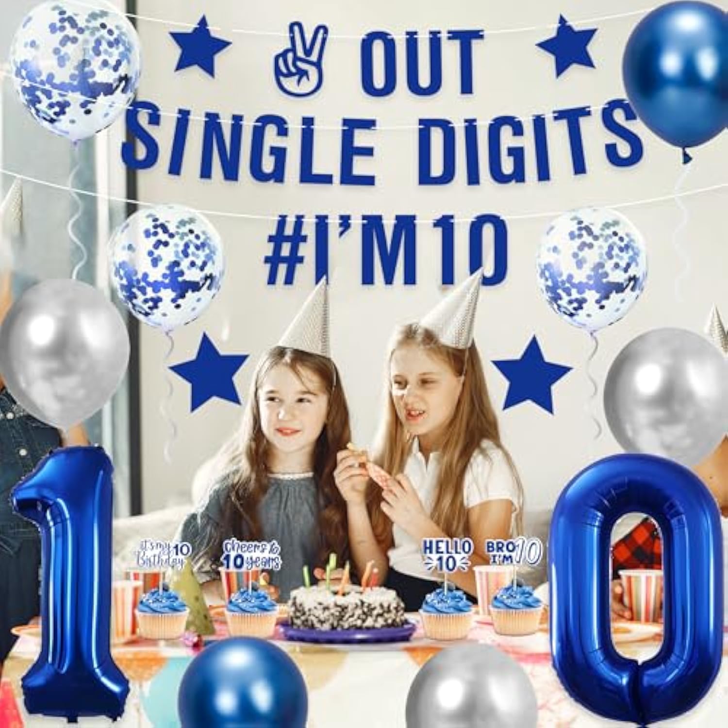 Blue 10Th Birthday Decorations Boys, Out Single Digits I'M 10 Banner, Happy 10Th Birthday Decorations For Boys, Double Digits Party Supplies Cake Topper Number 10 Balloon 10 Party Supply