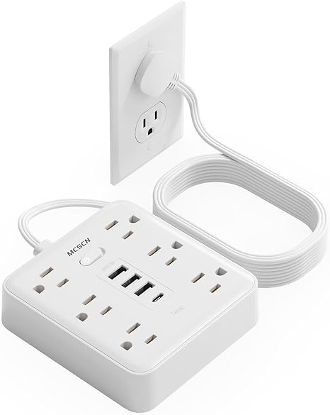 Surge Protector Power Strip 6 Outlets 4 USB Ports 15 Ft Flat Plug White