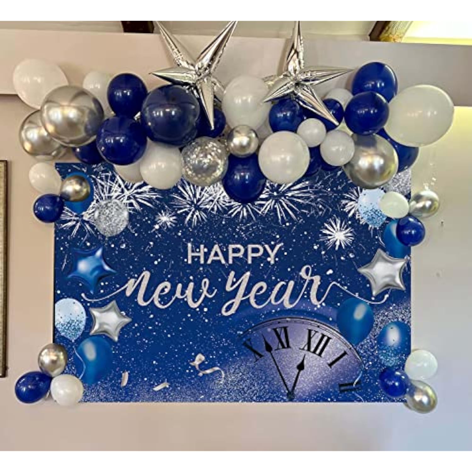 7x5ft Happy New Year 2026 Backdrop Blue Glitter Fireworks Party Banner